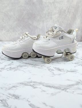 Retractable Roller Skate Shoes White Sneakers Pop-Out Wheels Kids Size 3 (EUR 34